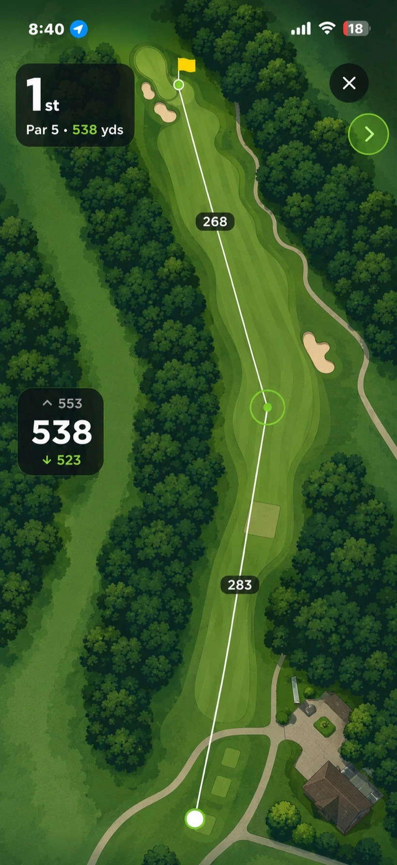 Satellite GPS flyover of a golf hole with distances
