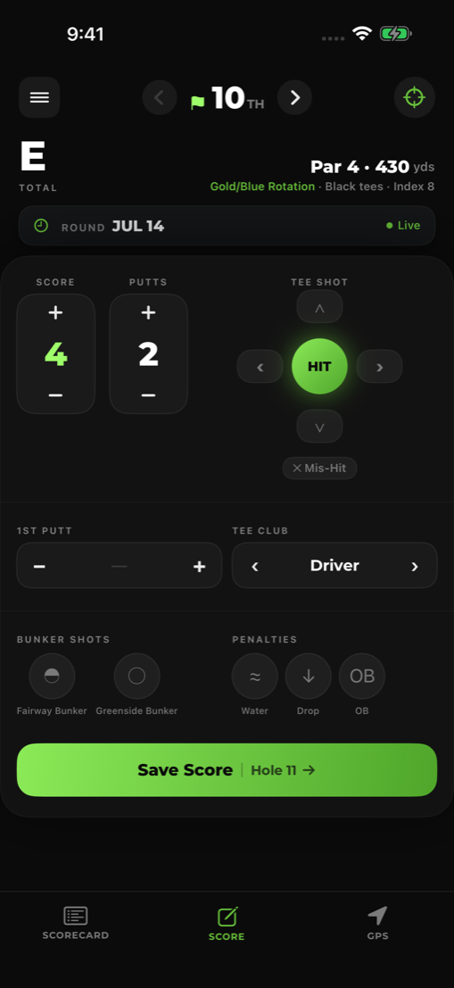 AGI Golf hole score entry with putts, tee shot, and penalties