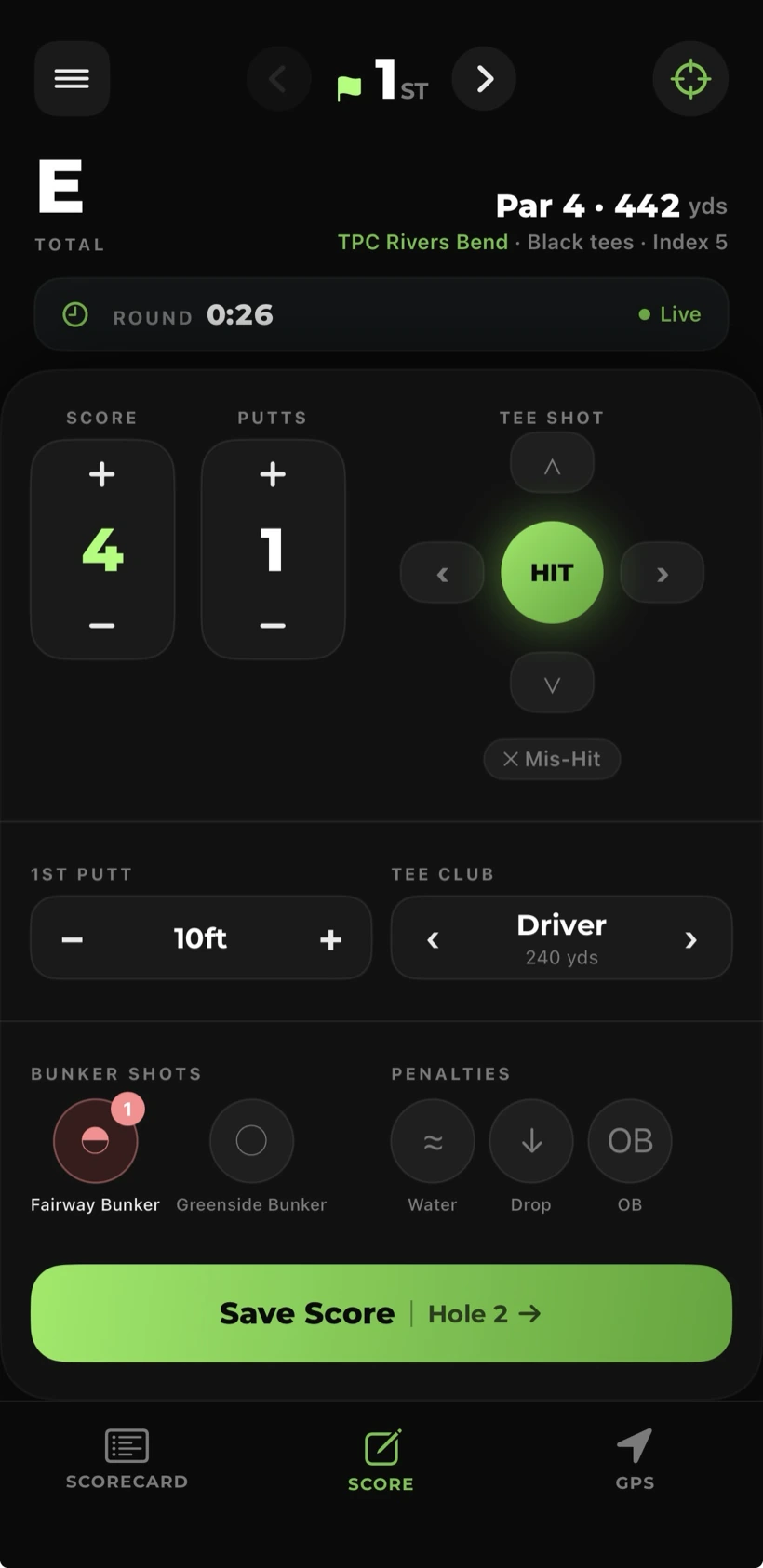 Fast in-round score entry screen