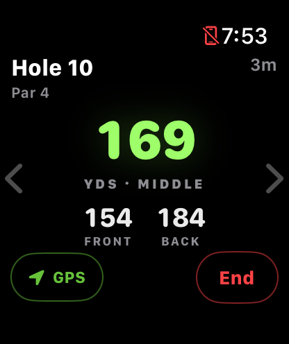 AGI Golf on Apple Watch showing 169 yards to the middle of the green, 154 front, 184 back